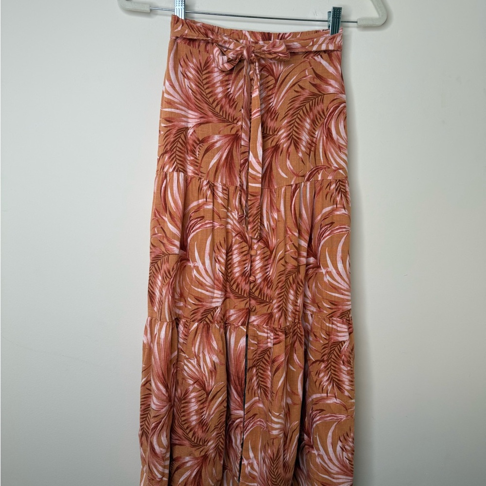 MINKPINK Tropical Leaf Maxi Skirt in Pink and Brown